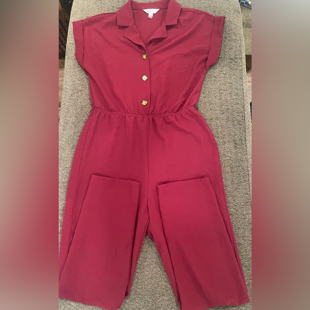 No Boundaries Raspberry Short-Sleeve Button Front Jumpsuit